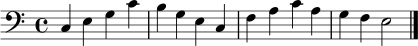 
\relative c {
  \clef bass
  \time 4/4
  c4 e g c | b g e c | f a c a | g f e2 | \bar "|."
}
