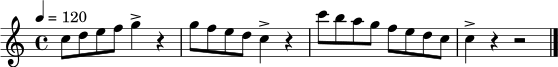 \relative c'' { \set Staff.midiInstrument = "xylophone" \time 4/4 \key c \major \tempo 4 = 120 c8 d e f g4-> r | g8 f e d c4-> r | c'8 b a g f e d c | c4-> r r2 \bar "|." }
