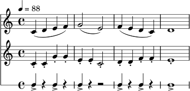 
\version "2.24.0"
\score {
  <<
    \new Staff {
      \relative c' {
        \time 4/4
        \key c \major
        \tempo 4 = 88
        c4( d e f) | g2( e) | f4( e d c) | d1 |
      }
    }
    \new Staff {
      \relative c' {
        \time 4/4
        \key c \major
        c4-. c-. g'-. g-. | e-. e-. c2-. | d4-. d-. f-. f-. | e1-. |
      }
    }
    \new RhythmicStaff {
      \time 4/4
      c4-> r c-> r | c-> r r2 | c4-> r c-> r | c1-> |
    }
  >>
  \layout { }
  \midi { }
}
