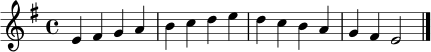 \relative c' { \clef treble \key e \minor \time 4/4 e4 fis g a b c d e d c b a g fis e2 \bar "|." }