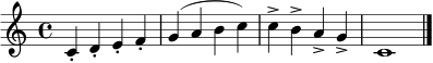 \relative c' { \clef treble \time 4/4 c4-. d-. e-. f-. | g( a b c) | c-> b-> a-> g-> | c,1 | \bar "|." }