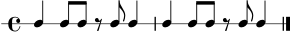 
\version "2.18.2"
\header { tagline = ##f }
\score {
  \new RhythmicStaff {
    \time 4/4
    c4 c8 c8 r8 c8 c4 | c4 c8 c8 r8 c8 c4 \bar "|."
  }
  \layout { }
}
