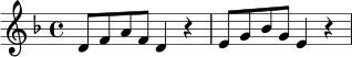 \relative c' {
\key d \minor
\time 4/4
d8 f a f d4 r4 |
e8 g bes g e4 r4 |
}