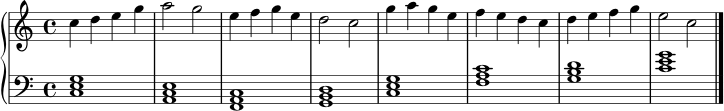 \new PianoStaff <<
\new Staff \relative c'' {
\clef treble
\key c \major
\time 4/4
c4 d e g | a2 g | e4 f g e | d2 c |
g'4 a g e | f e d c | d4 e f g | e2 c \bar "|."
}
\new Staff \relative c {
\clef bass
\key c \major
\time 4/4
<c e g>1 | <a c e> | <f a c> | <g b d> |
<c e g>1 | <f a c> | <g b d> | <c e g> \bar "|."
}
>>
