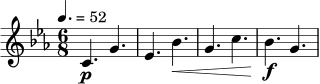 \relative c' {
\key c \minor
\time 6/8
\tempo 4.=52
c4.\p g'4. |
ees4. bes'4.\< |
g4. c4. |
bes4.\f g4. |
}