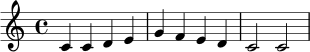 \relative c' { \clef treble \key c \major \time 4/4 c4 c d e | g4 f e d | c2 c2 }