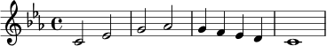 \relative c' {
\key c \minor
\time 4/4
c2 ees |
g2 aes |
g4 f ees d |
c1
}