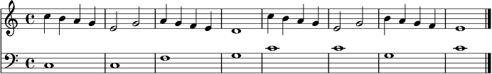 \version "2.22.0"
\score {
<<
\new Staff \relative c'' {
\clef treble
\key c \major
\time 4/4
c4 b a g | e2 g | a4 g f e | d1 |
c'4 b a g | e2 g | b4 a g f | e1 \bar "|."
}
\new Staff \relative c {
\clef bass
\key c \major
\time 4/4
c1 | c | f | g |
c | c | g | c |
}
>>
\layout { }
\midi { \tempo 4 = 84 }
}