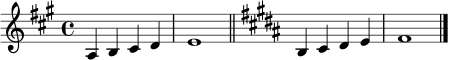 \relative c' {
\time 4/4
\key a \major
a4 b cis d | e1 |
\bar "||"
\key b \major
b4 cis dis e | fis1 |
\bar "|."
}