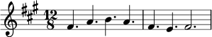 \relative c' {
\key fis \minor
\time 12/8
fis4. a4. b4. a4. |
fis4. e4. fis2. |
}