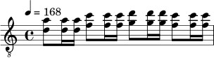 \relative c' {
\clef "treble_8"
\time 4/4
\tempo 4 = 168
<d a'>8 <d a'>16 <d a'> <f c'>8 <f c'>16 <f c'> <g d'>8 <g d'>16 <g d'> <f c'>8 <f c'>16 <f c'> |
}