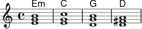 <<
\new ChordNames \chordmode { e1:m c g d }
\new Staff \relative c' {
<e g b>1 | <e g c> | <d g b> | <d fis a>
}
>>