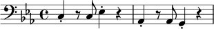 
\relative c {
  \clef bass
  \key c \minor
  \time 4/4
  c4-. r8 c8 ees4-. r4 |
  aes,4-. r8 aes8 g4-. r4 |
}
