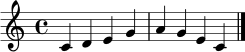 \relative c' { \clef treble \key c \major \time 4/4 c4 d e g | a g e c | \bar "|." }