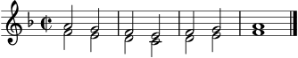 \score {
\new Staff <<
\new Voice = "oben" \relative c'' { \voiceOne \key f \major \time 2/2 a2 g | f e | f g | a1 \bar "|." }
\new Voice = "unten" \relative c' { \voiceTwo \key f \major \time 2/2 f2 e | d c | d e | f1 \bar "|." }
>>
\layout { }
\midi { \tempo 2 = 72 }
}