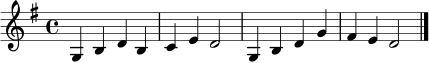 \relative c' {
\clef treble
\key g \major
\time 4/4
\set Staff.midiInstrument = "violin"
g4 b d b | c4 e d2 | g,4 b d g | fis4 e d2 \bar "|."
}