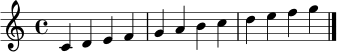\relative c' { \clef treble \time 4/4 c4 d e f | g a b c | d e f g | \bar "|." }