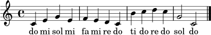 
\relative c' {
\time 4/4
\key c \major
c4 e g e | f e d c | b' c d c | g2 c,2 |
\bar "|."
}
\addlyrics { do mi sol mi fa mi re do ti do re do sol do }
