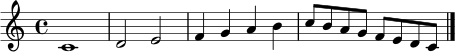 \relative c' {
\clef treble
\time 4/4
c1 | d2 e2 | f4 g a b | c8 b a g f e d c | \bar "|."
}