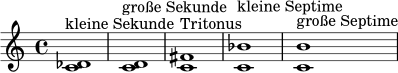 
\relative c' {
  \time 4/4
  <c des>1^\markup { "kleine Sekunde" }
  <c d>1^\markup { "große Sekunde" }
  <c fis>1^\markup { "Tritonus" }
  <c bes'>1^\markup { "kleine Septime" }
  <c b'>1^\markup { "große Septime" }
}
