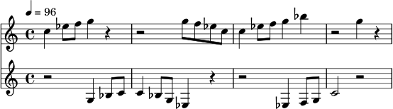 \version "2.20.0"
\score {
<<
\new Staff \relative c'' {
\set Staff.midiInstrument = "trumpet"
\clef treble
\key c \major
\time 4/4
\tempo 4 = 96
c4 ees8 f g4 r4 |
r2 g8 f ees c |
c4 ees8 f g4 bes |
r2 g4 r4 |
}
\new Staff \relative c' {
\set Staff.midiInstrument = "clarinet"
\clef treble
\key c \major
\time 4/4
r2 g4 bes8 c |
c4 bes8 g ees4 r |
r2 ees4 f8 g |
c2 r2 |
}
>>
\layout { }
\midi { }
}