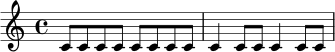 \relative c' {
\time 4/4
c8 c c c c c c c |
c4 c8 c c4 c8 c |
}