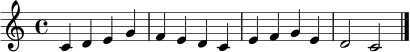 \relative c' {
\clef treble
\time 4/4
\key c \major
c4 d e g | f e d c | e f g e | d2 c2 \bar "|."
}