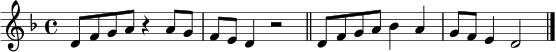 \relative c' {
\key d \minor
\time 4/4
d8 f g a r4 a8 g | f8 e d4 r2 \bar "||"
d8 f g a bes4 a | g8 f e4 d2 \bar "|."
}