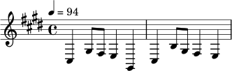\relative c {
\key cis \minor
\time 4/4
\tempo 4 = 94
cis4 gis'8 fis e4 gis, |
cis4 b'8 gis fis4 e |
}