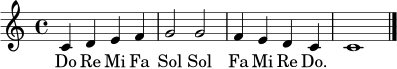 \relative c' {
\key c \major
\time 4/4
c4 d e f | g2 g | f4 e d c | c1 \bar "|."
}
\addlyrics {
Do Re Mi Fa Sol Sol Fa Mi Re Do.
}