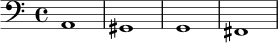 
\relative c {
  \clef bass
  \key a \minor
  \time 4/4
  a1 | gis1 | g1 | fis1 |
}
