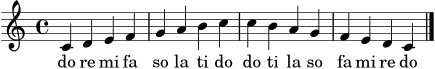 \version "2.24.0"
melodie = \relative c' {
\clef treble
\key c \major
\time 4/4
\autoBeamOff
c4 d e f | g a b c | c b a g | f e d c \bar "|."
}
silben = \lyricmode { do re mi fa so la ti do do ti la so fa mi re do }
\score {
<<
\new Voice = "melodie" { \melodie }
\new Lyrics \lyricsto "melodie" { \silben }
>>
\layout { }
\midi { \tempo 4 = 72 }
}