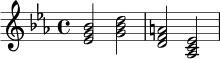 
\version "2.24.0"
\relative c' {
  \key ees \major
  \time 4/4
  <ees g bes>2 <g bes d> |
  <d f a>2 <aes c ees> |
}

