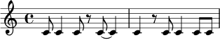 
\relative c' {
\time 4/4
c8 c4 c8 r8 c8~ c4 |
c4 r8 c8 c4 c8 c8 |
}
