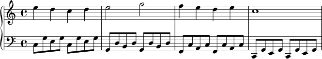 \version "2.24.0"
\score {
\new PianoStaff <<
\new Staff \relative c'' {
\key c \major
\time 4/4
e4 d c d | e2 g | f4 e d e | c1
}
\new Staff \relative c {
\clef bass
\key c \major
\time 4/4
c8 g' e g c, g' e g | g, d' b d g, d' b d | f, c' a c f, c' a c | c, g' e g c, g' e g
}
>>
\layout { }
\midi { }
}