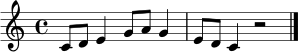 \relative c' {
\key c \major
\time 4/4
c8 d e4 g8 a g4 | e8 d c4 r2 \bar "|."
}