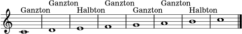 \language "deutsch"
\score {
\new Staff \with { \remove "Time_signature_engraver" } {
\clef treble
\key c \major
c'1^\markup { Ganzton }
d'1^\markup { Ganzton }
e'1^\markup { Halbton }
f'1^\markup { Ganzton }
g'1^\markup { Ganzton }
a'1^\markup { Ganzton }
h'1^\markup { Halbton }
c''1
\bar "|."
}
\layout { ragged-right = ##t }
\midi { \tempo 4 = 64 }
}