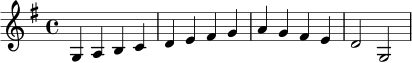 \relative c' { \clef treble \key g \major \time 4/4 g4 a b c | d e fis g | a g fis e | d2 g,2 }