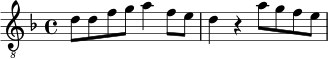 \relative c' {
\clef "treble_8"
\key d \minor
\time 4/4
d8 d f g a4 f8 e |
d4 r4 a'8 g f e |
}