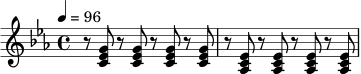 \relative c' {
\tempo 4 = 96
\time 4/4
\key c \minor
r8 <c ees g>8 r8 <c ees g>8 r8 <c ees g>8 r8 <c ees g>8 |
r8 <aes c ees>8 r8 <aes c ees>8 r8 <aes c ees>8 r8 <aes c ees>8 |
}
