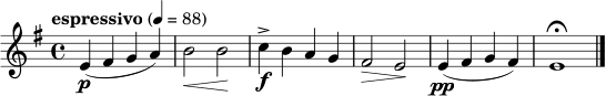 \relative c' {
\clef treble
\key e \minor
\time 4/4
\tempo "espressivo" 4=88
e4\p( fis g a) |
b2\< b\! |
c4\f-> b a g |
fis2\> e\! |
e4\pp( fis g fis) |
e1\fermata \bar "|."
}
