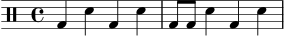 
\version "2.22.0"
\score {
<<
\new DrumStaff \drummode {
\time 4/4
bd4 sn bd sn |
bd8 bd sn4 bd sn |
}
>>
\layout { }
\midi { \tempo 4 = 112 }
}

