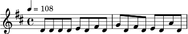 \relative c' {
\key d \major
\time 4/4
\tempo 4 = 108
d8 d d d e d fis d | g d fis d e d a' d, |
}