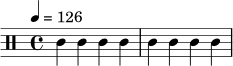 \relative c' {
\tempo 4 = 126
\time 4/4
\clef percussion
c4 c c c | c4 c c c
}