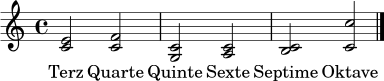 \relative c' { \clef treble \key c \major \time 4/4 <c e>2 <c f> <c g> <c a> <c b> <c c'> \bar "|." }
\addlyrics { Terz Quarte Quinte Sexte Septime Oktave }