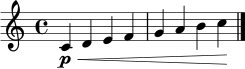 
\relative c' { \time 4/4 \key c \major c4\p\< d e f | g a b c\! | \bar "|." }
