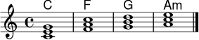 
<<
  \new ChordNames \chordmode {
    c1 f g a:m
  }
  \new Staff {
    \key c \major
    \time 4/4
    <c' e' g'>1 | <f' a' c''> | <g' b' d''> | <a' c'' e''> \bar "|."
  }
>>
