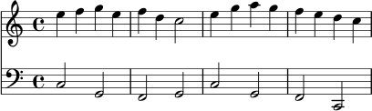 \version "2.24.0"
\score {
<<
\new Staff = "Melodie" \relative c'' {
\clef treble
\key c \major
\time 4/4
e4 f g e | f d c2 | e4 g a g | f e d c |
}
\new Staff = "Begleitung" \relative c {
\clef bass
\key c \major
\time 4/4
c2 g | f g | c g | f c |
}
>>
\layout { }
\midi { \tempo 4 = 92 }
}