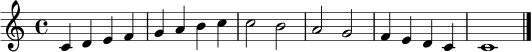 \relative c' { \clef treble \time 4/4 \key c \major c4 d e f | g a b c | c2 b | a g | f4 e d c | c1 \bar "|." }