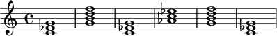 \chordmode {
c1:m | g:7 | c:m | aes | g:7 | c:m |
}
